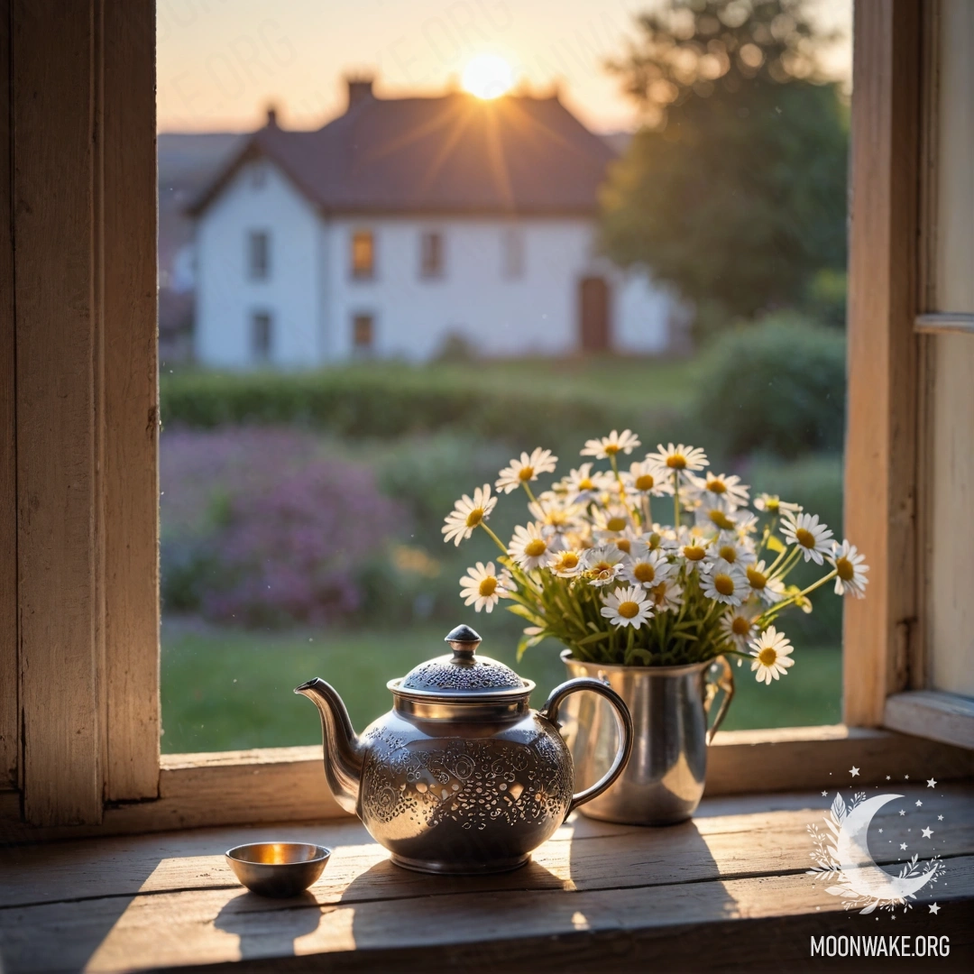 A basket filled with small white flowers on a wooden table, illuminated by sunlight.