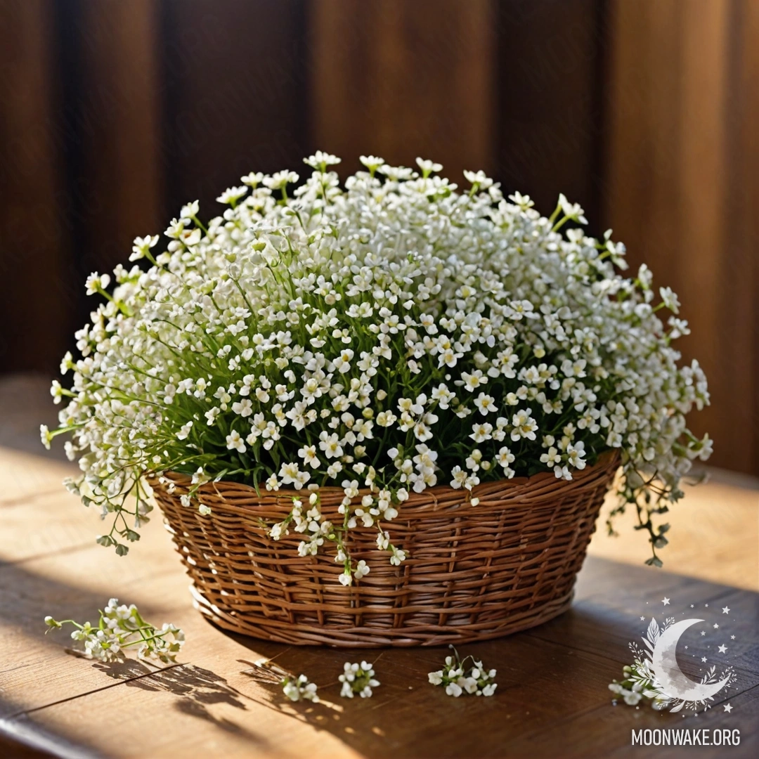 A basket filled with small white flowers on a wooden table, illuminated by sunlight.