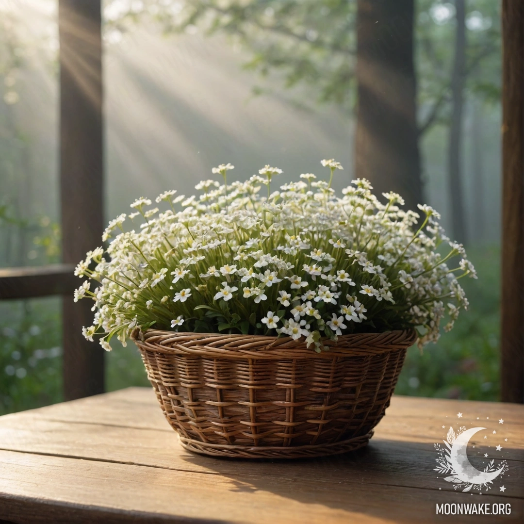 A basket filled with small white flowers, illuminated by sunlight.