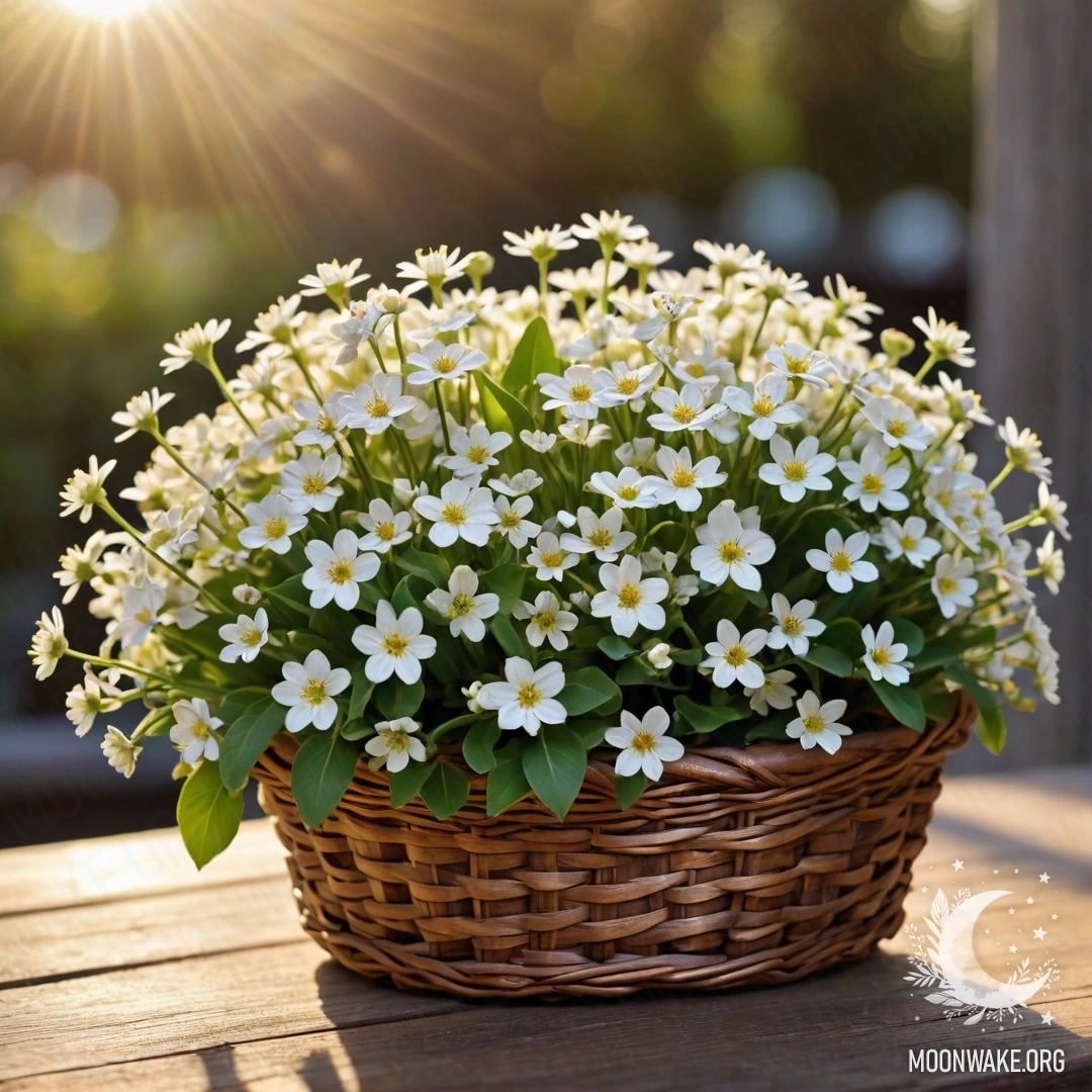 Delicate White Flowers in a Sunset Glow A beautiful basket of small white flowers on a wooden table, bathed in sunset light.
