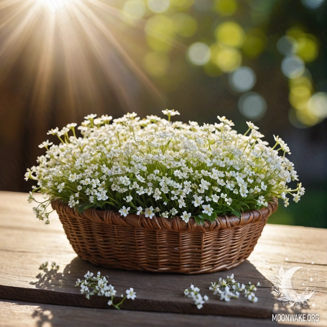 A basket filled with small white flowers placed on a wooden table, illuminated by sunlight.