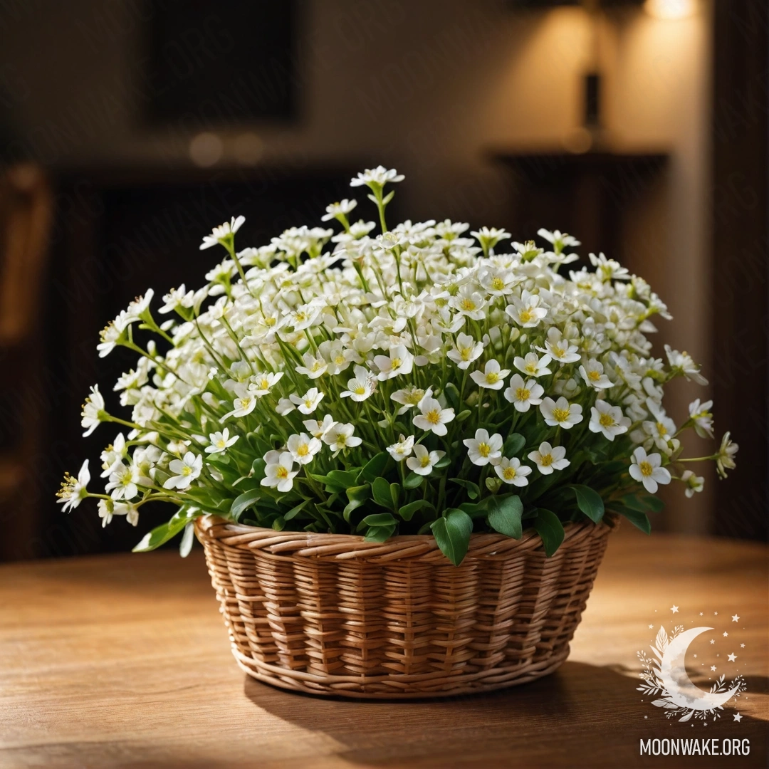 A photograph of a small basket filled with white flowers on a wooden table at night, illuminated by sunlight.