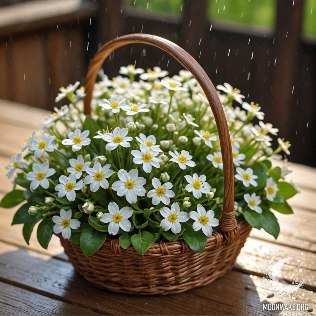 A basket filled with small white flowers on a wooden table under rain.