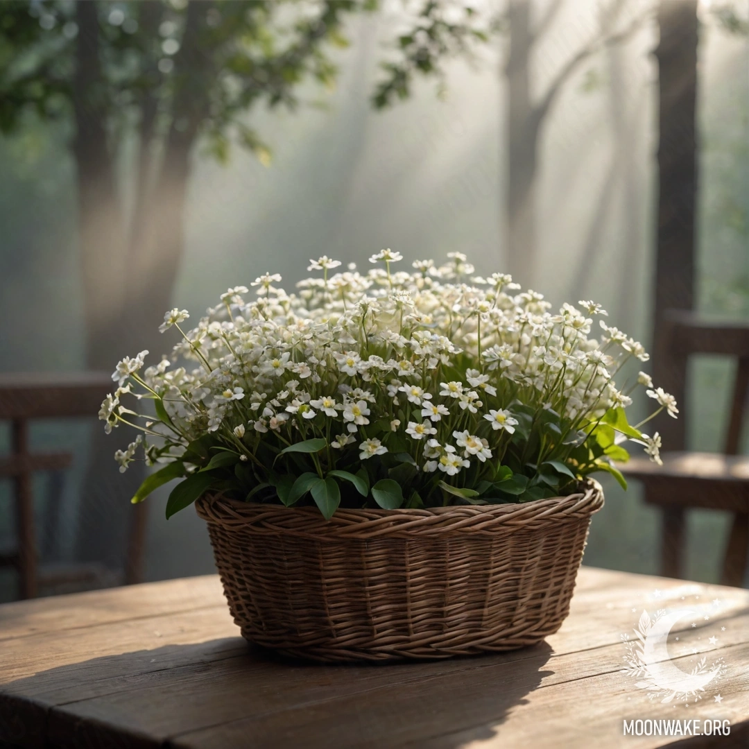 A basket filled with small white flowers on a wooden table in fog.