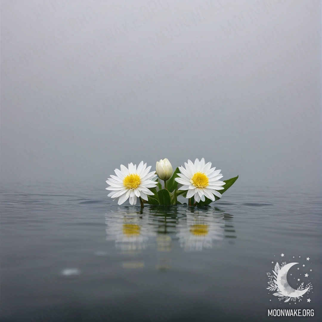 A serene scene featuring sweet white flowers floating on a mist-covered water surface.
