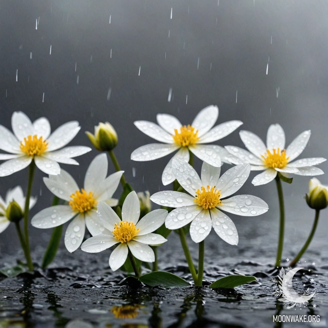 Delicate White Flowers Floating on Rainy Waters A serene scene featuring delicate white flowers resting on a water surface, gently blurred by falling rain.