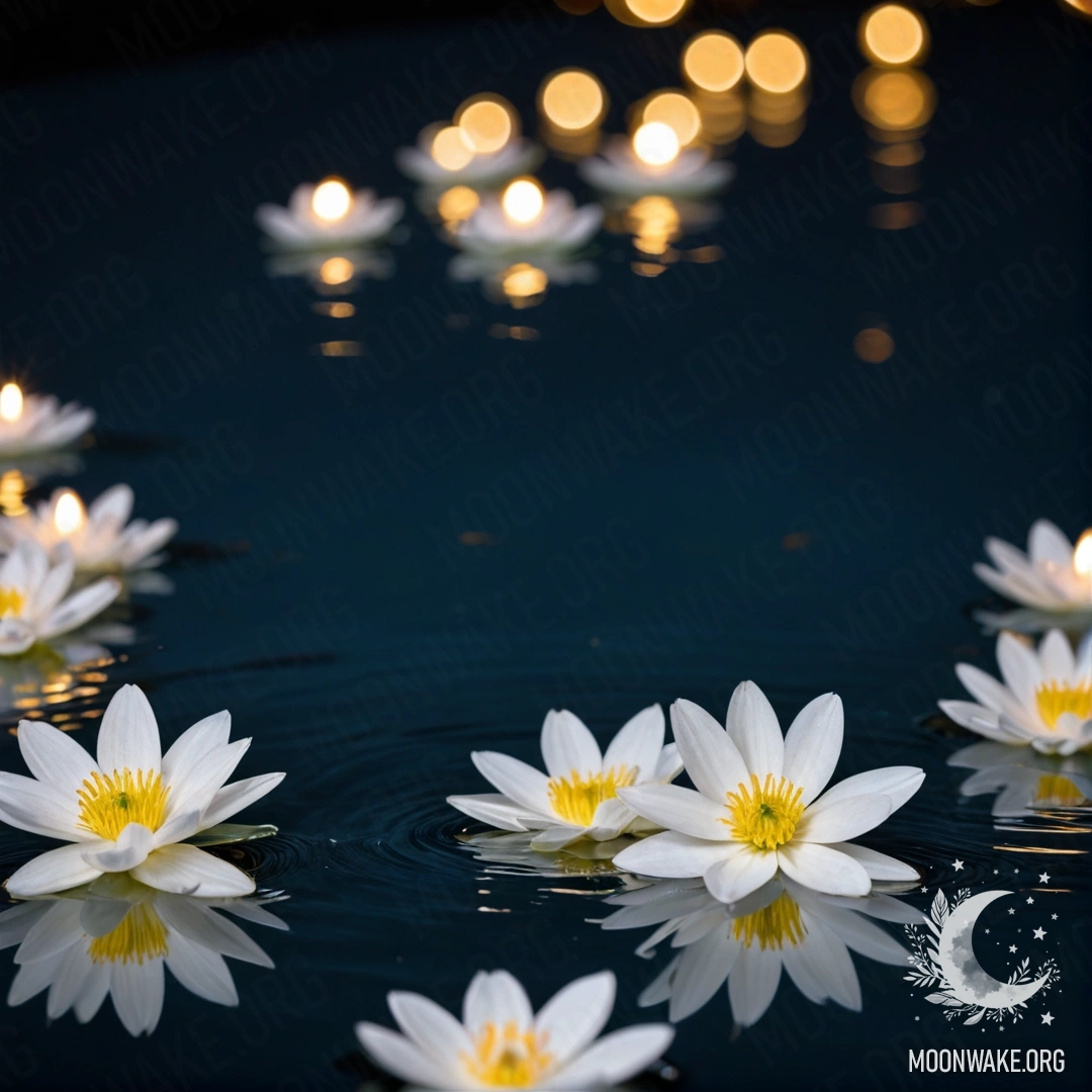 A serene image of sweet white flowers floating on water, illuminated by soft garland lights.