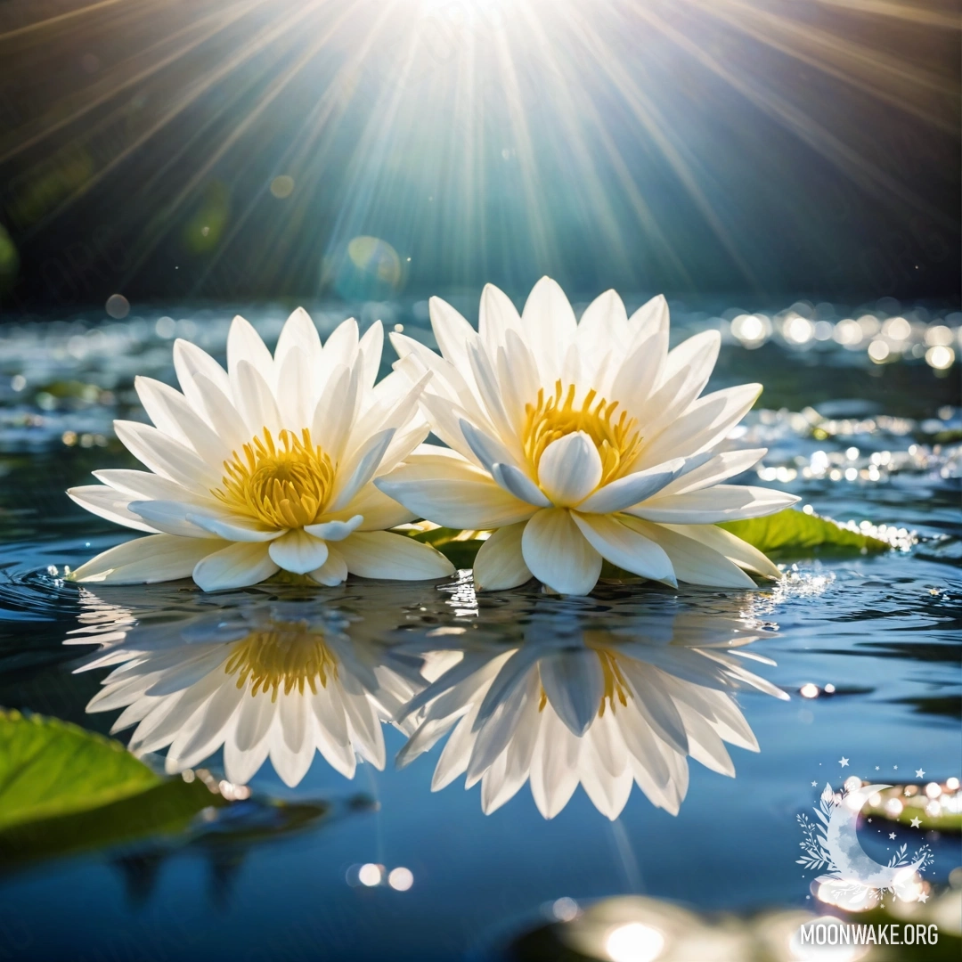 A surface of water adorned with delicate white flowers under sunlight.