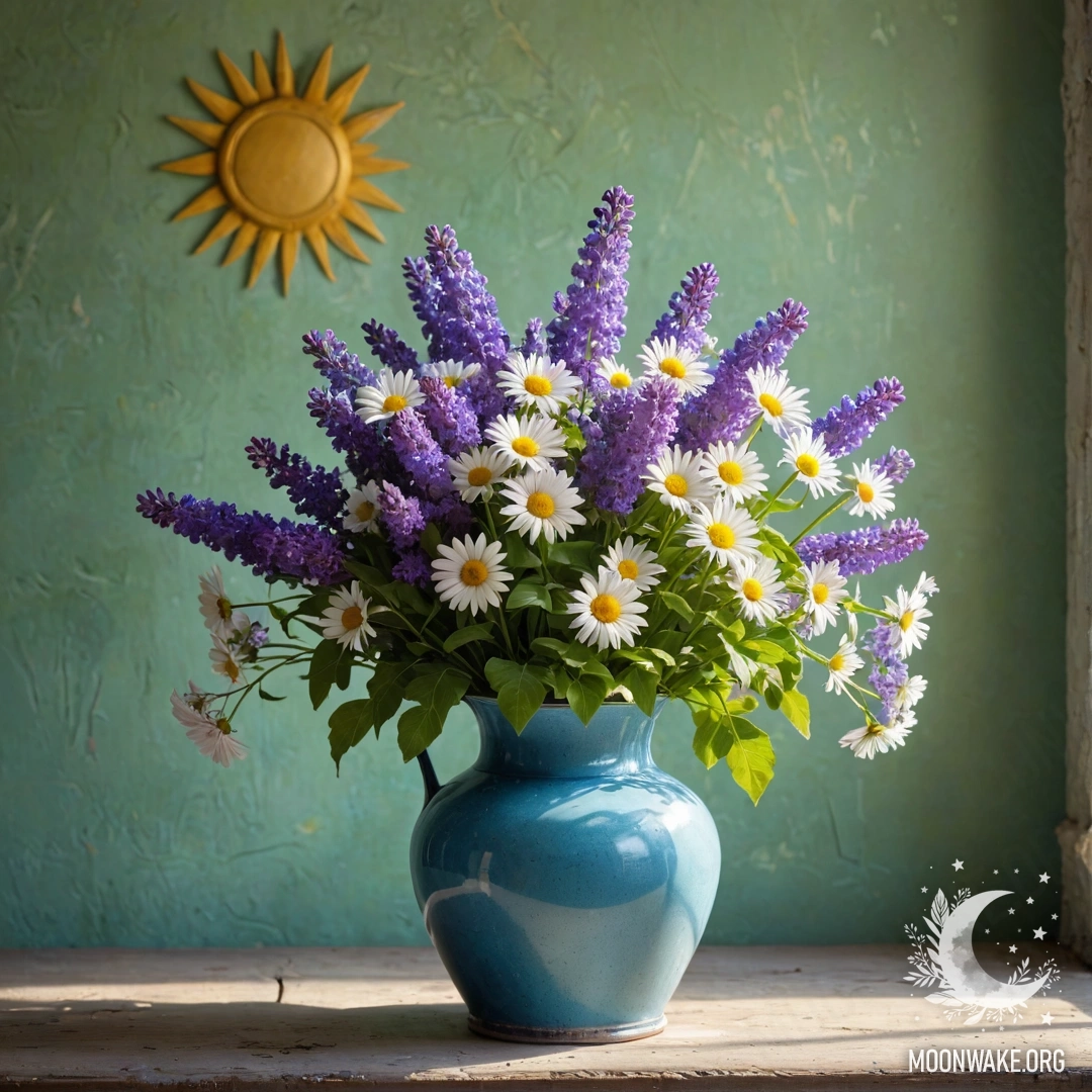 A basket filled with small white flowers on a wooden table, illuminated by fading sunlight during sunset.