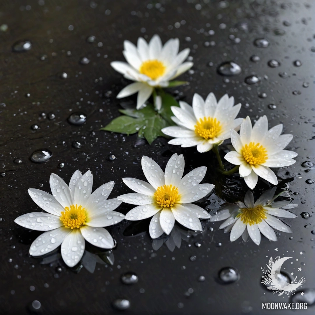 Close-up of delicate white flowers floating on a water surface under rain.