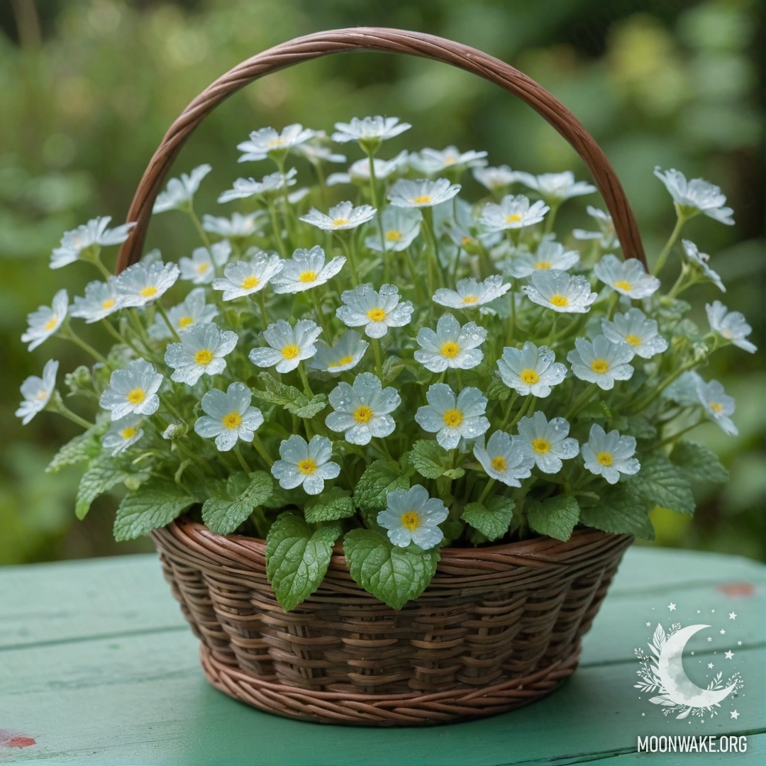 A basket filled with sweet wildflowers covered in dew drops.