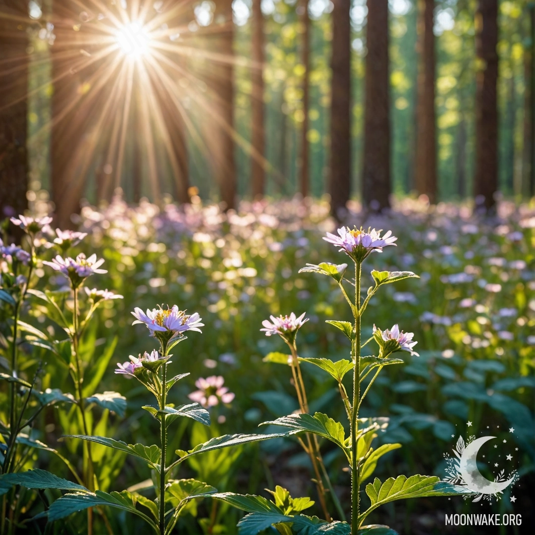 Close-up of sweet field flowers with sunlight filtering through trees.