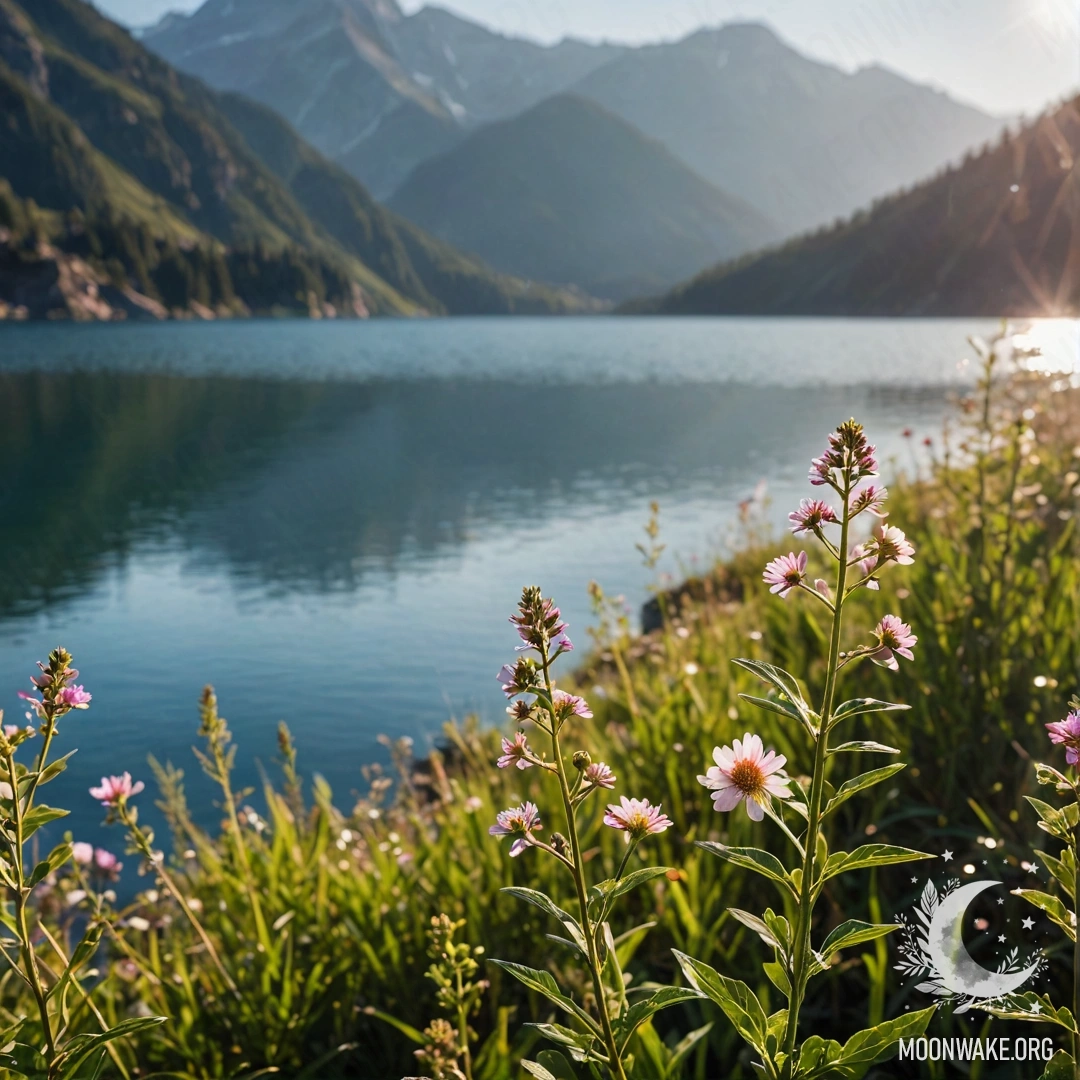 Delicate Wildflowers by a Serene Mountain Lake Close-up of colorful wildflowers in a field with a bokeh background of a mountain lake.