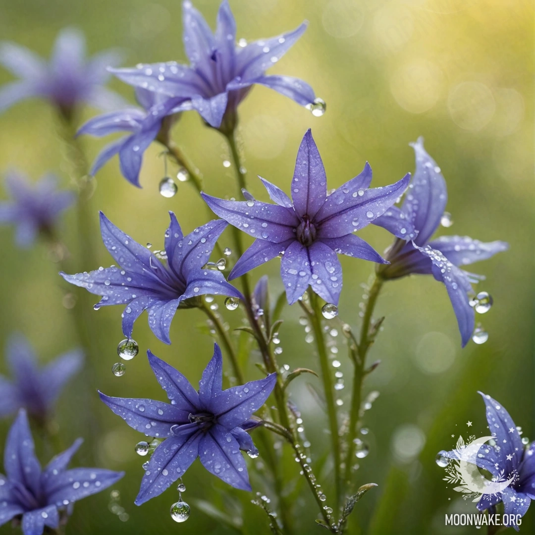 A close-up of yellow lobelia flowers adorned with dew drops and glitter.