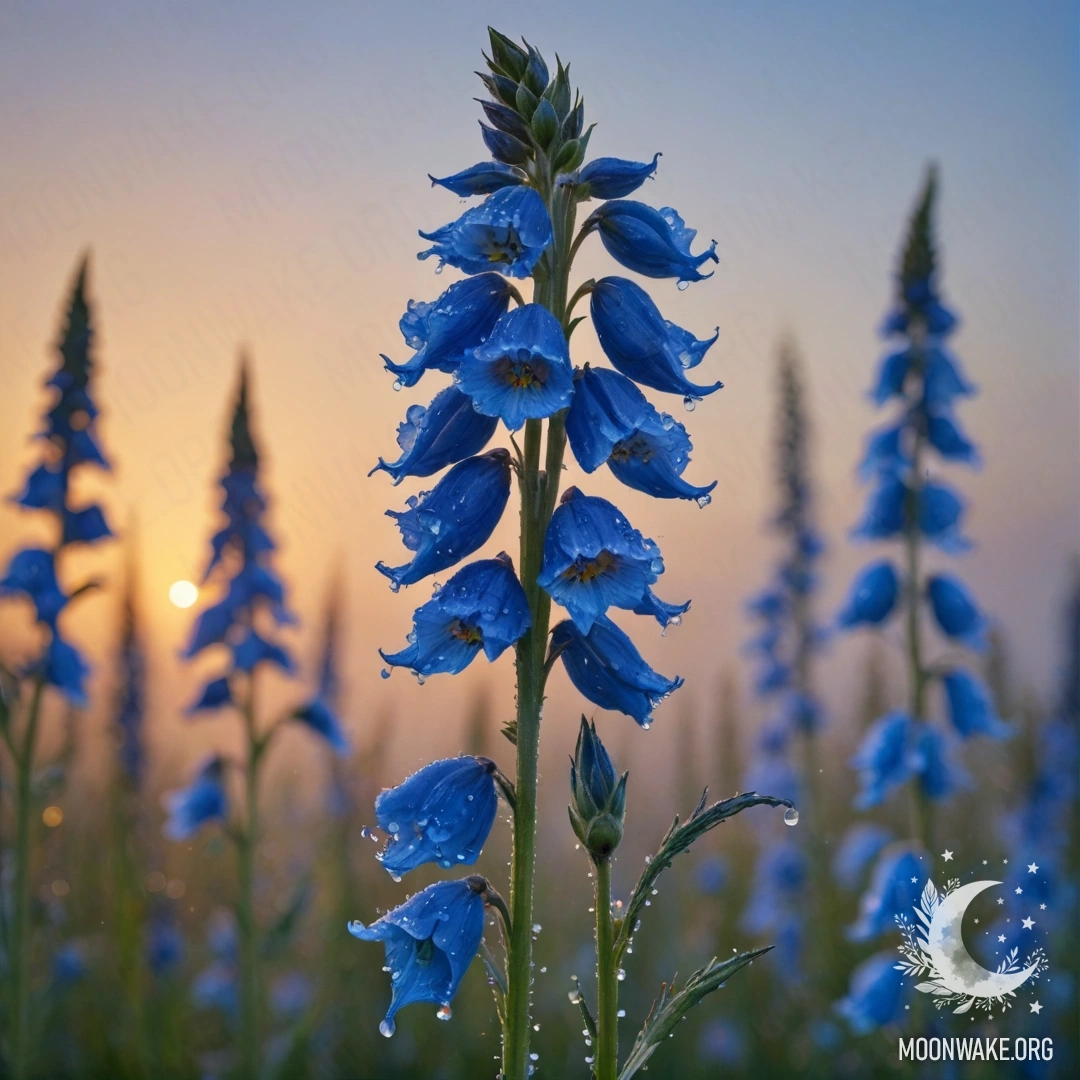 A watercolor painting of a delphinium adorned with dew drops at sunset, radiating a sky blue hue.