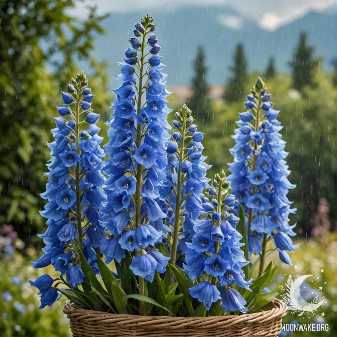 Delphinium Bliss in Raindrops A basket of beautiful sky blue delphiniums under raindrops and sunrays.
