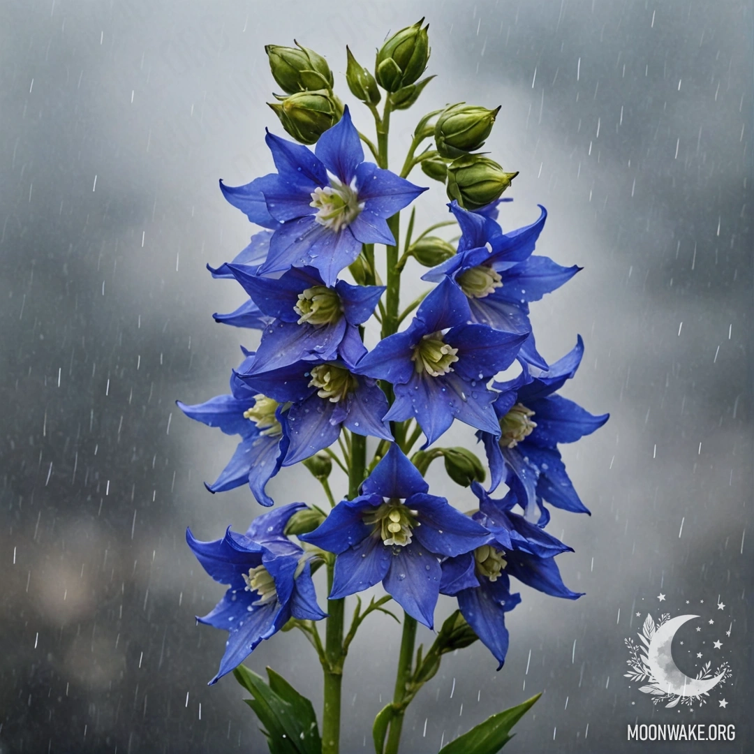 A bouquet of delphiniums in soft colors, surrounded by mist and rain.