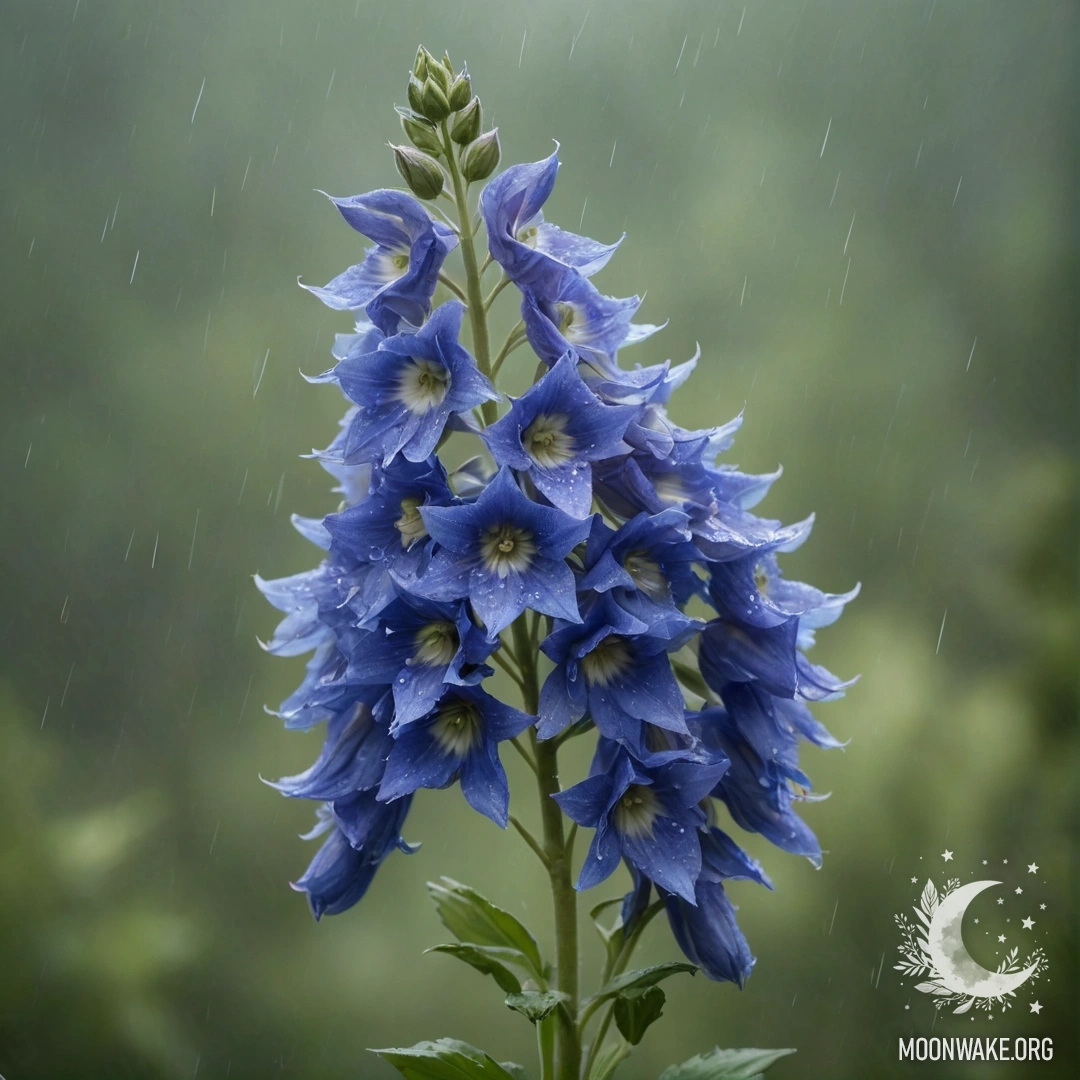 A bouquet of greenish-blue delphiniums surrounded by mist and rain.