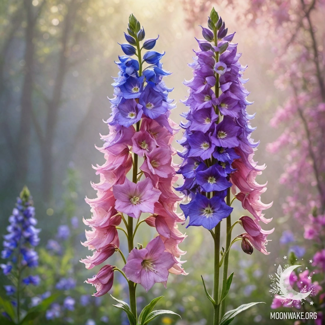 Delphinium Bouquet in the Mist A bouquet of pink delphiniums surrounded by mist and sunny rays.