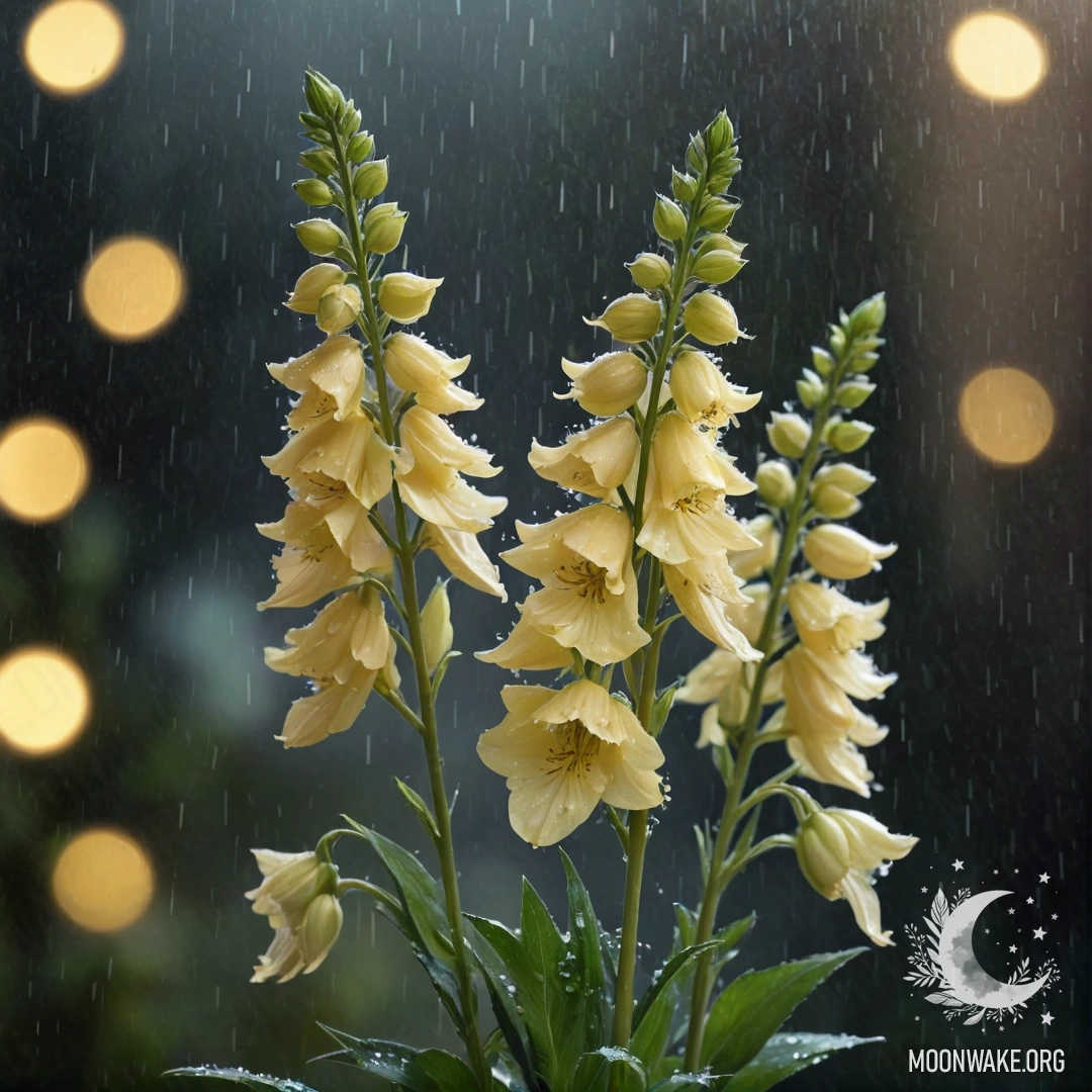 A bouquet of cream yellow delphiniums drenched in rain at night.