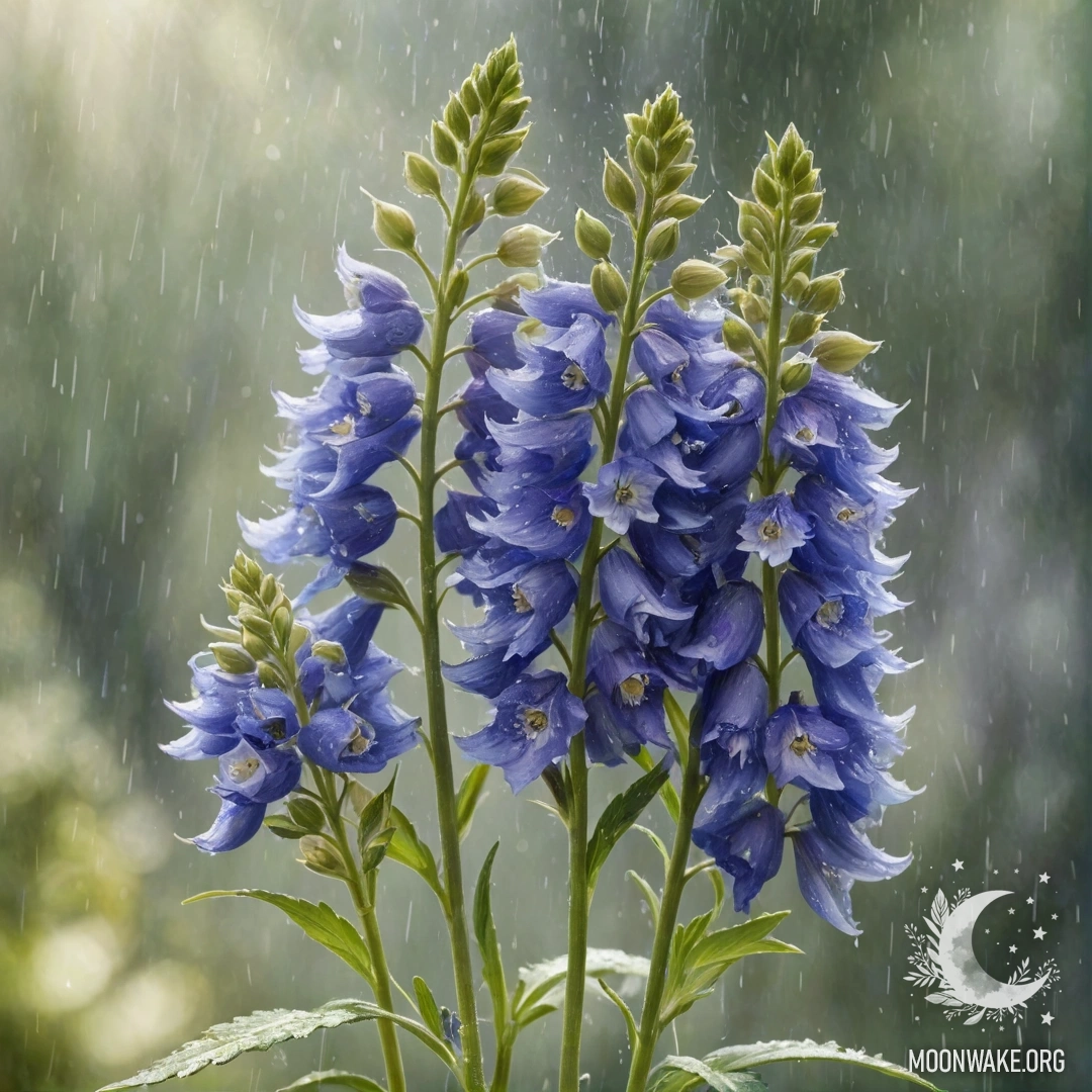 Delphinium Bouquet in the Rain A bouquet of olive-colored delphinium under the rain with sun rays illuminating it.