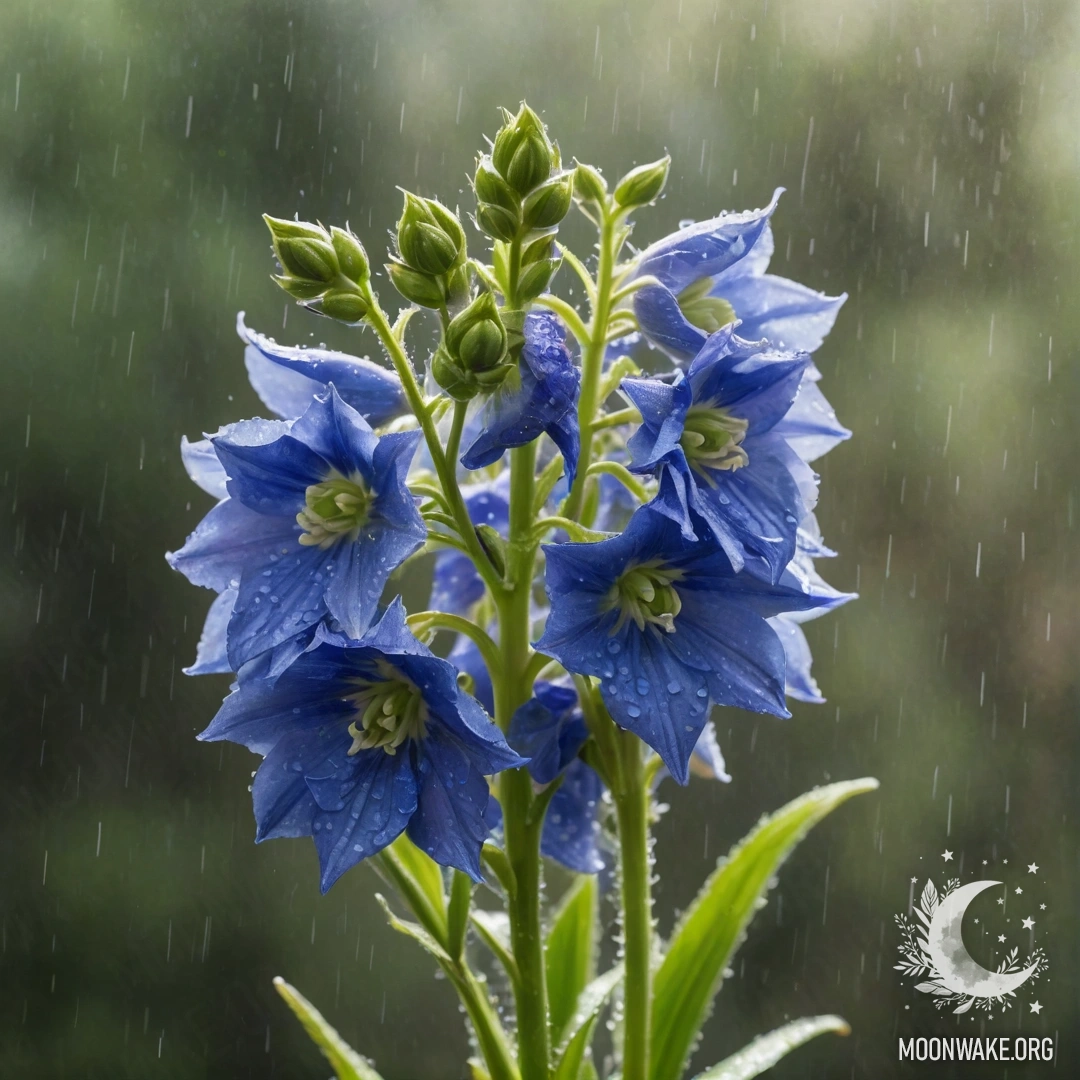 A bouquet of vibrant delphinium flowers in green under soft rain with sun rays