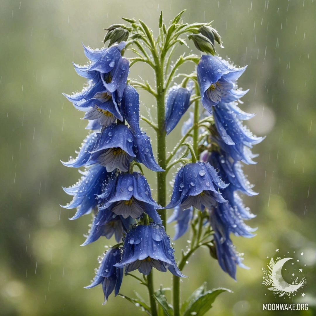 Delphinium Dreams in the Mist Peaceful delphinium flowers in the mist, rain, and sunlight.