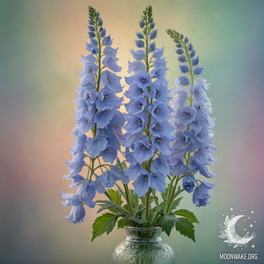 Delphinium in Mint Vase at Sunset A soft pastel painting depicting a delphinium in a mint-colored vase, surrounded by mist at sunset.
