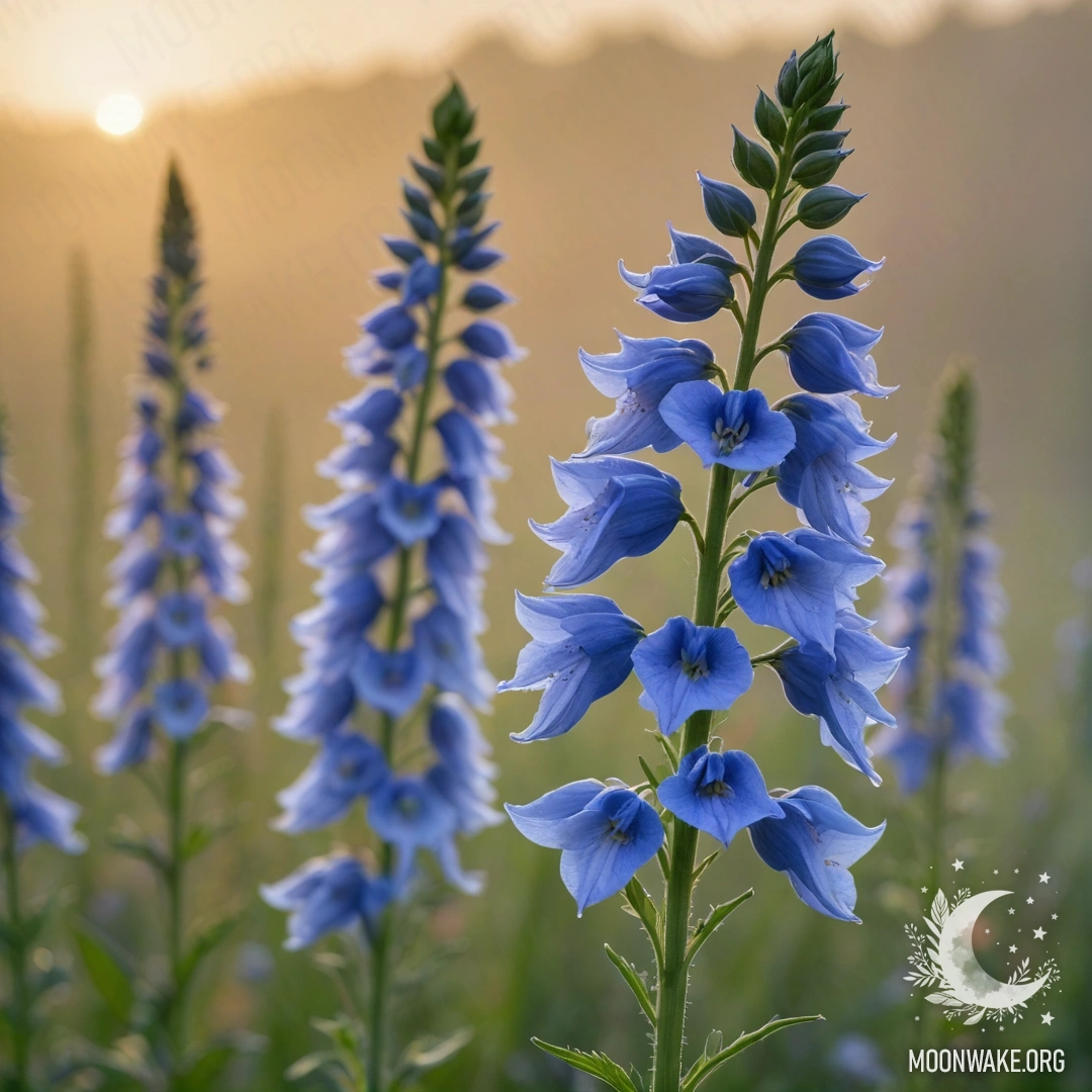A tranquil scene of delphiniums amidst soft mist during sunset.