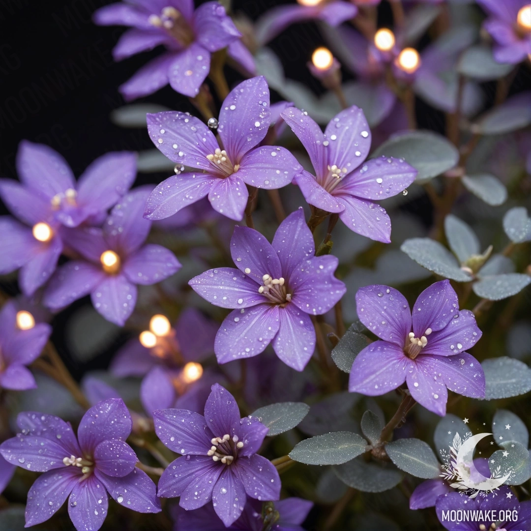 A peaceful delphinium with aquamarine color surrounded by fog at night, glimmering with sequins.