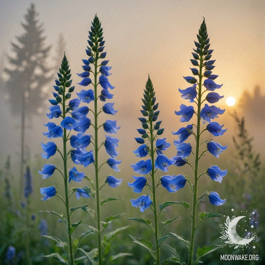 Digital painting of delphiniums in green color surrounded by fog at sunset.