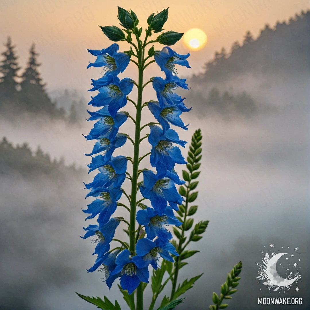 Peaceful delphinium flowers surrounded by fog during sunset.