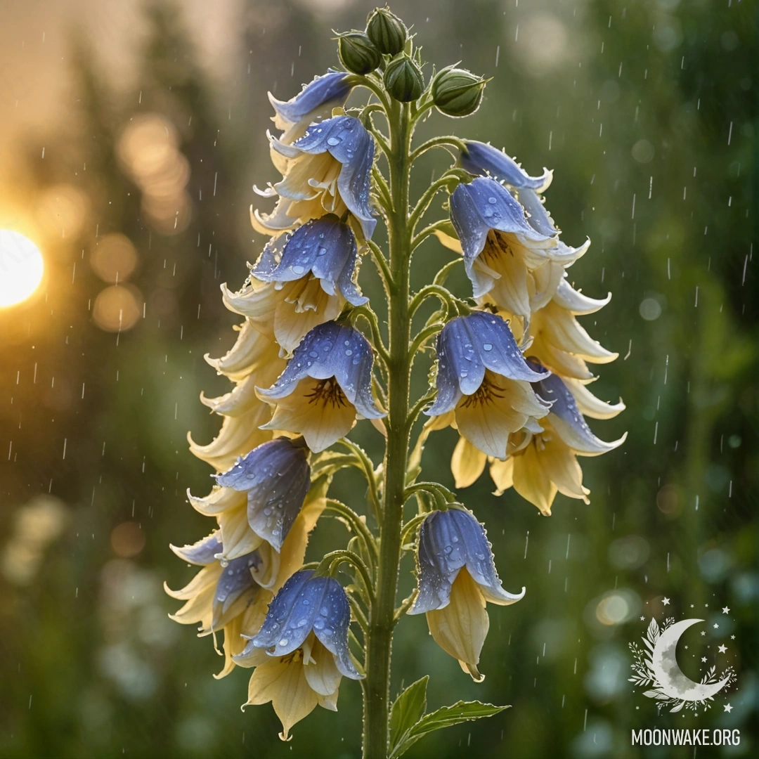 A delicate delphinium flower in cream yellow hues, glistening under the rain with a sunset backdrop.