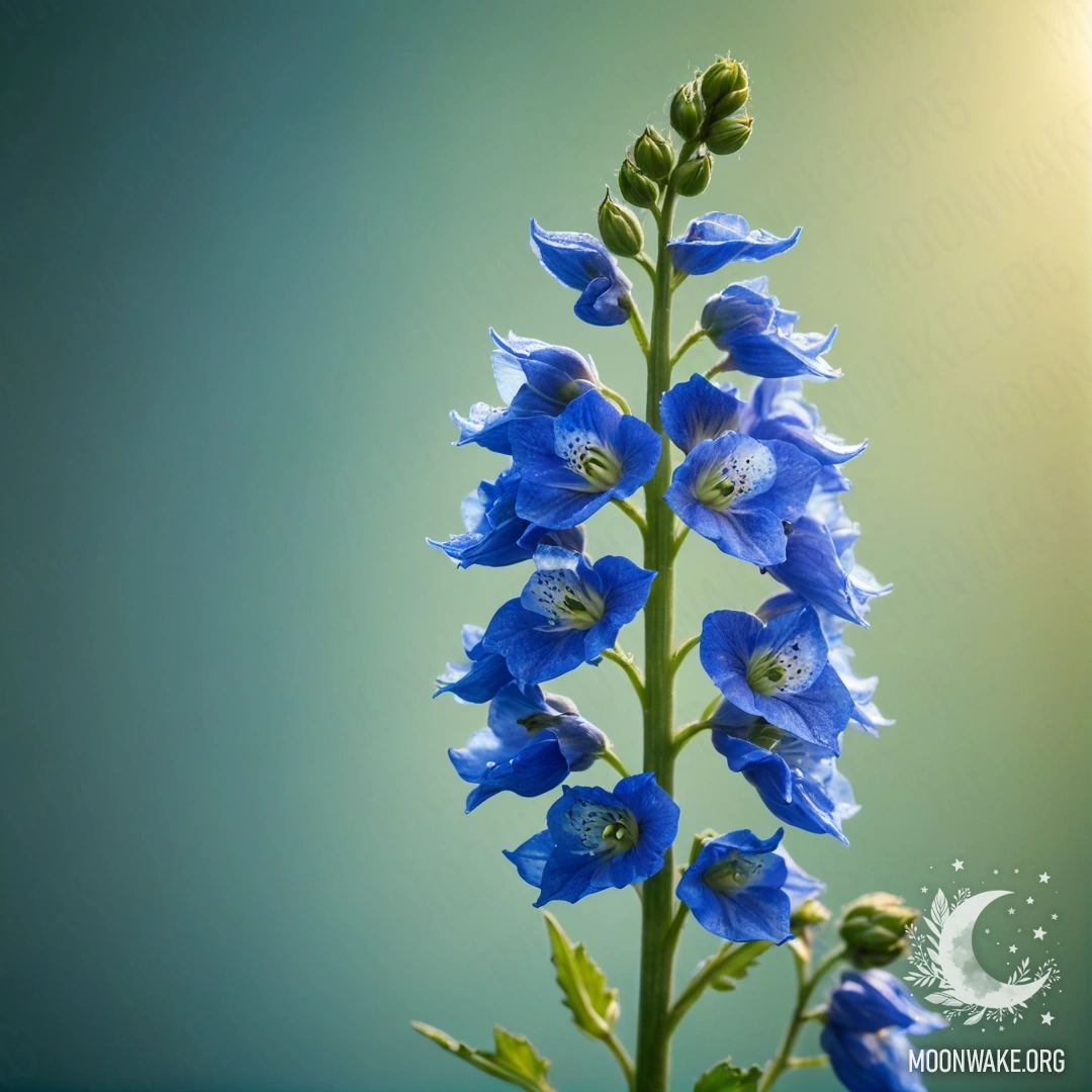 A delicate greenish-blue delphinium illuminated by sunny rays and scattered sequins.
