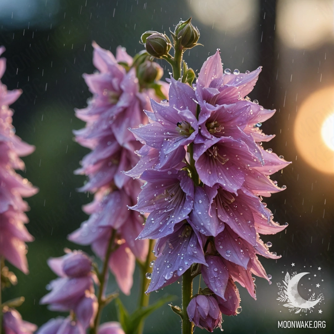 A serene scene of delphinium flowers in pink, glistening with raindrops at sunset, framed by beautiful Japanese calligraphy.