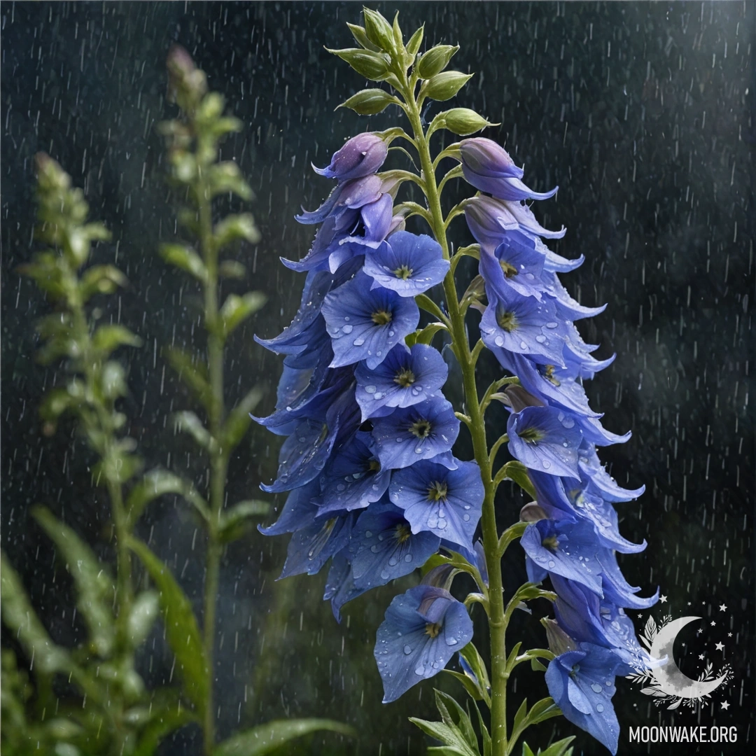 Delphinium in Rainy Night A watercolor painting of delphinium flowers under rain at night.