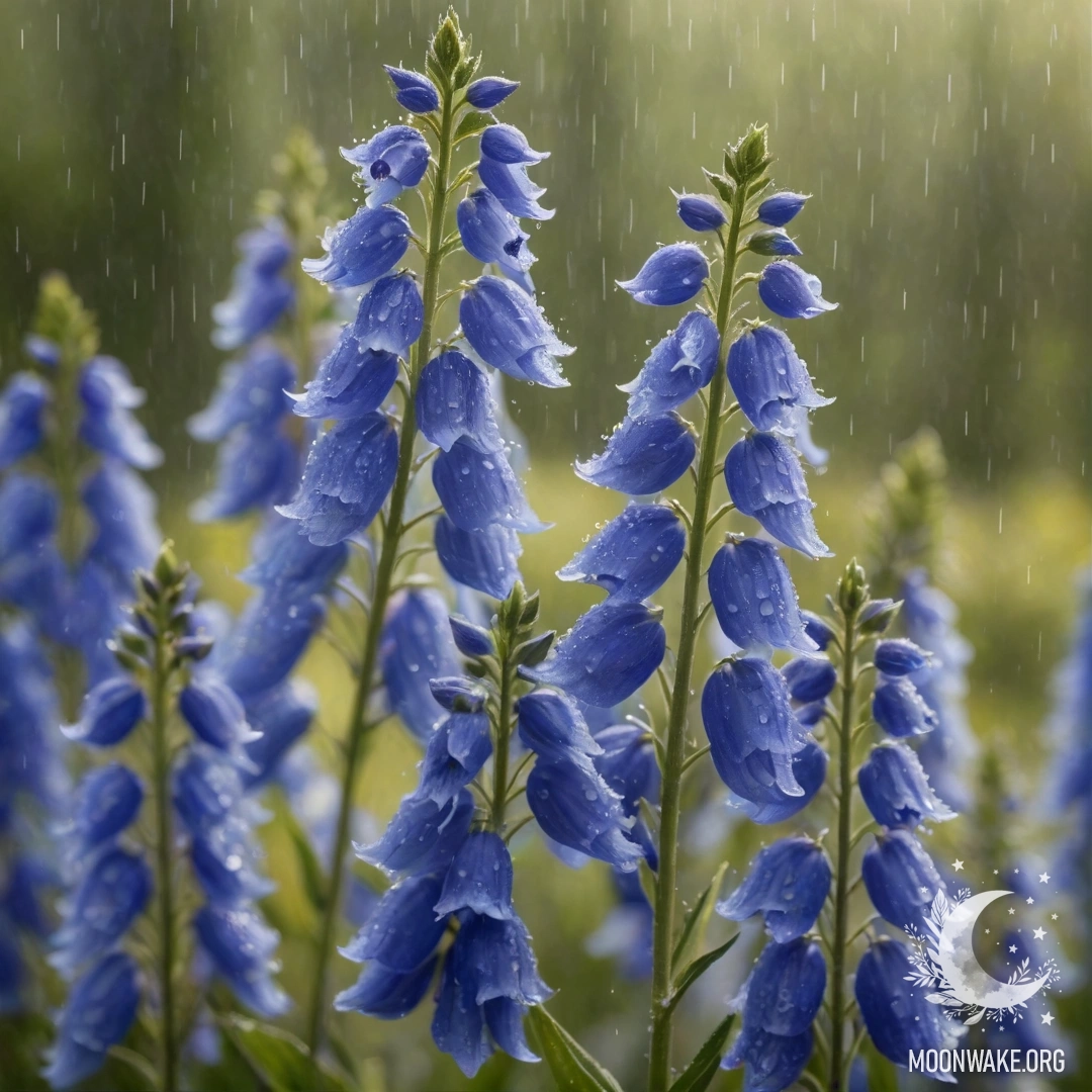 A beautiful delphinium flower under the rain, illuminated by sunny rays.