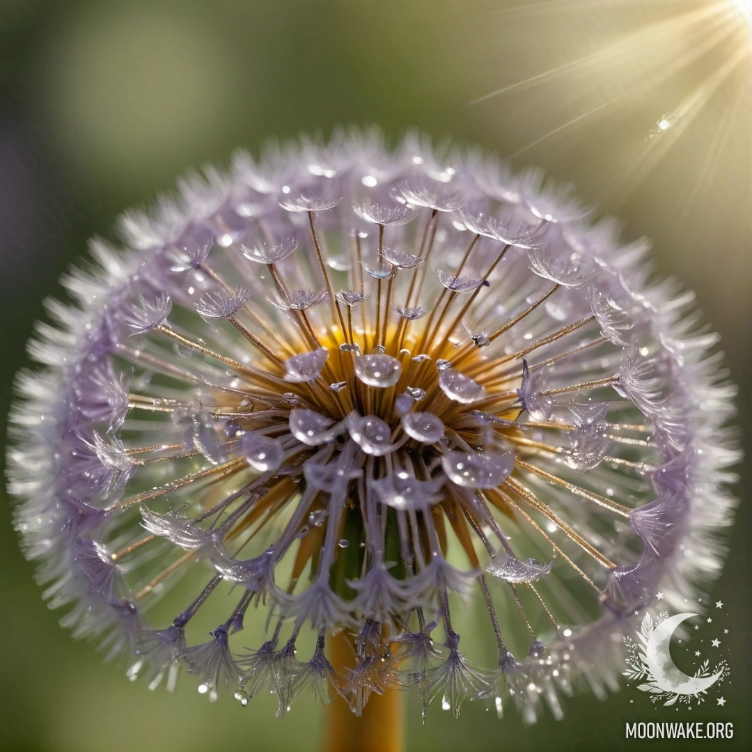 A close-up view of a beautiful lavender dandelion with dew drops, illuminated by sunlight.