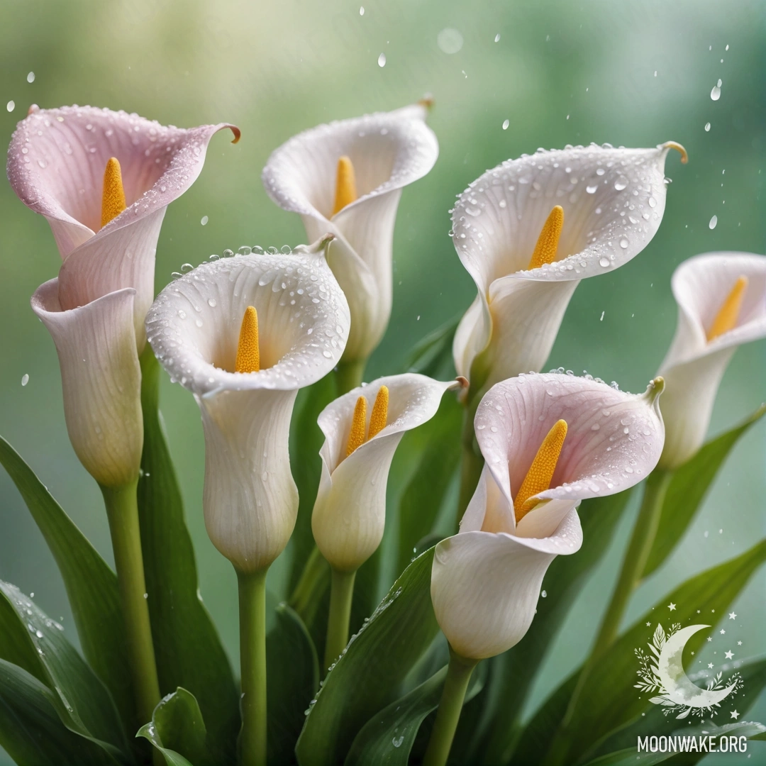 A close-up of beautiful calla lilies adorned with dew drops.
