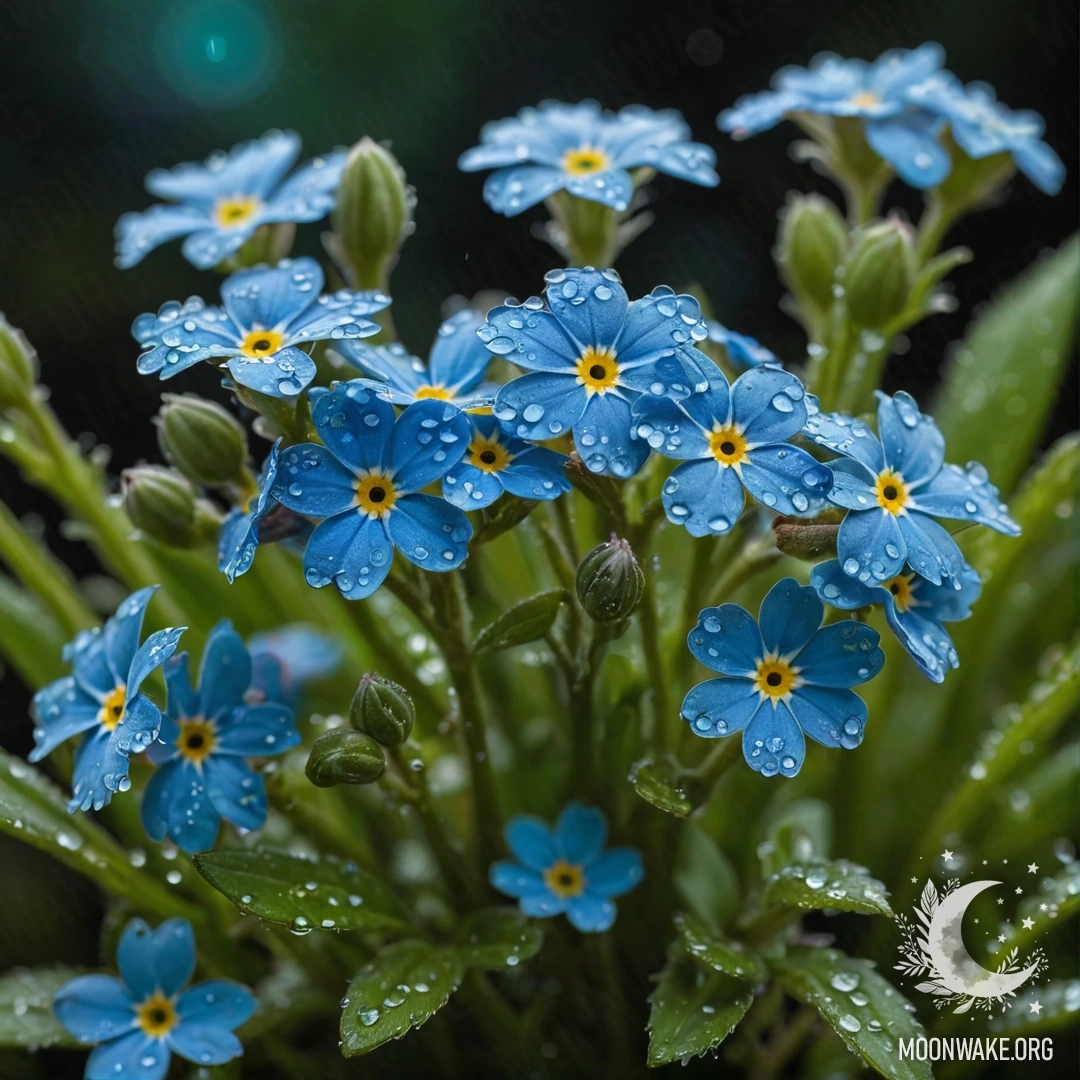 Dew-kissed Forget-me-nots Under the Night Sky A bouquet of calm forget-me-nots with dew drops, illuminated by moonlight.