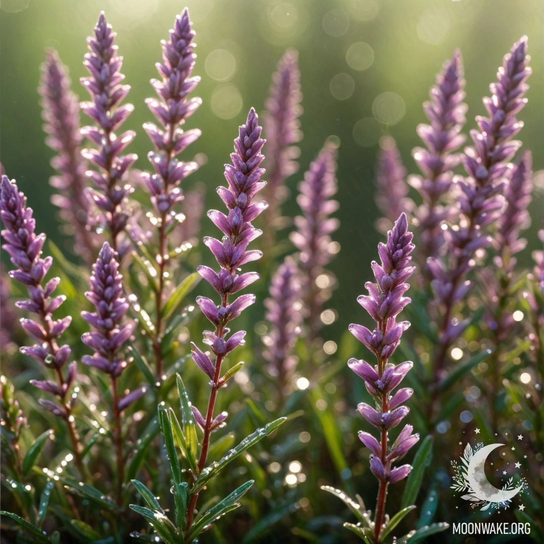 A close-up view of green heather adorned with dew drops and sparkling sunlight.