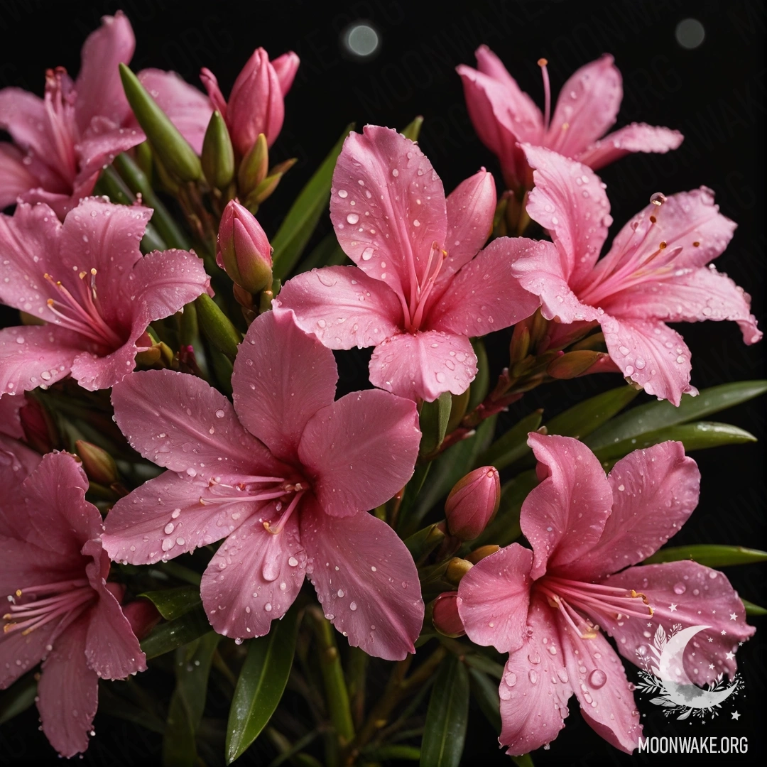 A beautiful bouquet of oleander flowers adorned with dew drops at night.