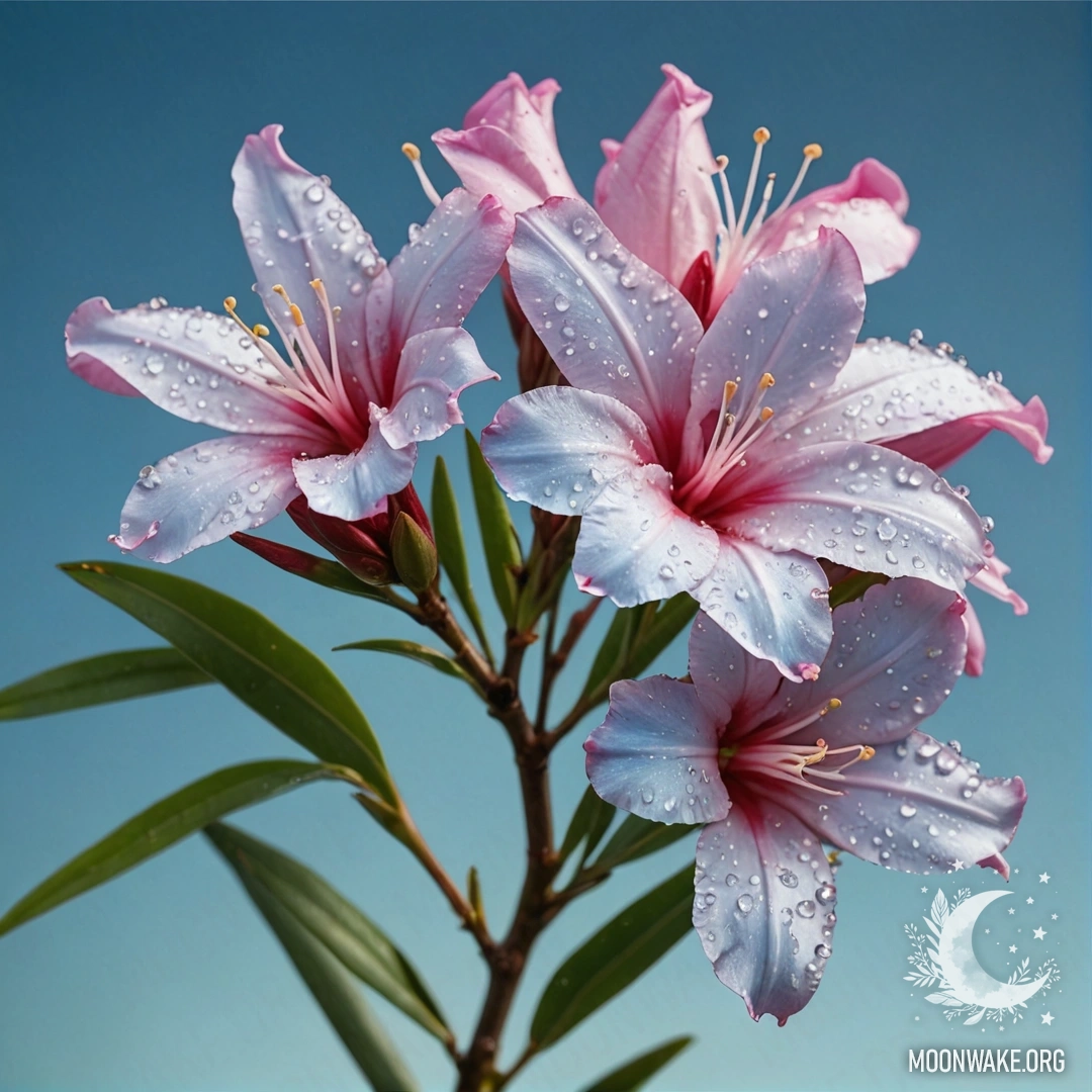 A close-up of a beautiful oleander flower adorned with dew drops and rhinestones, showcasing soft sky blue hues.