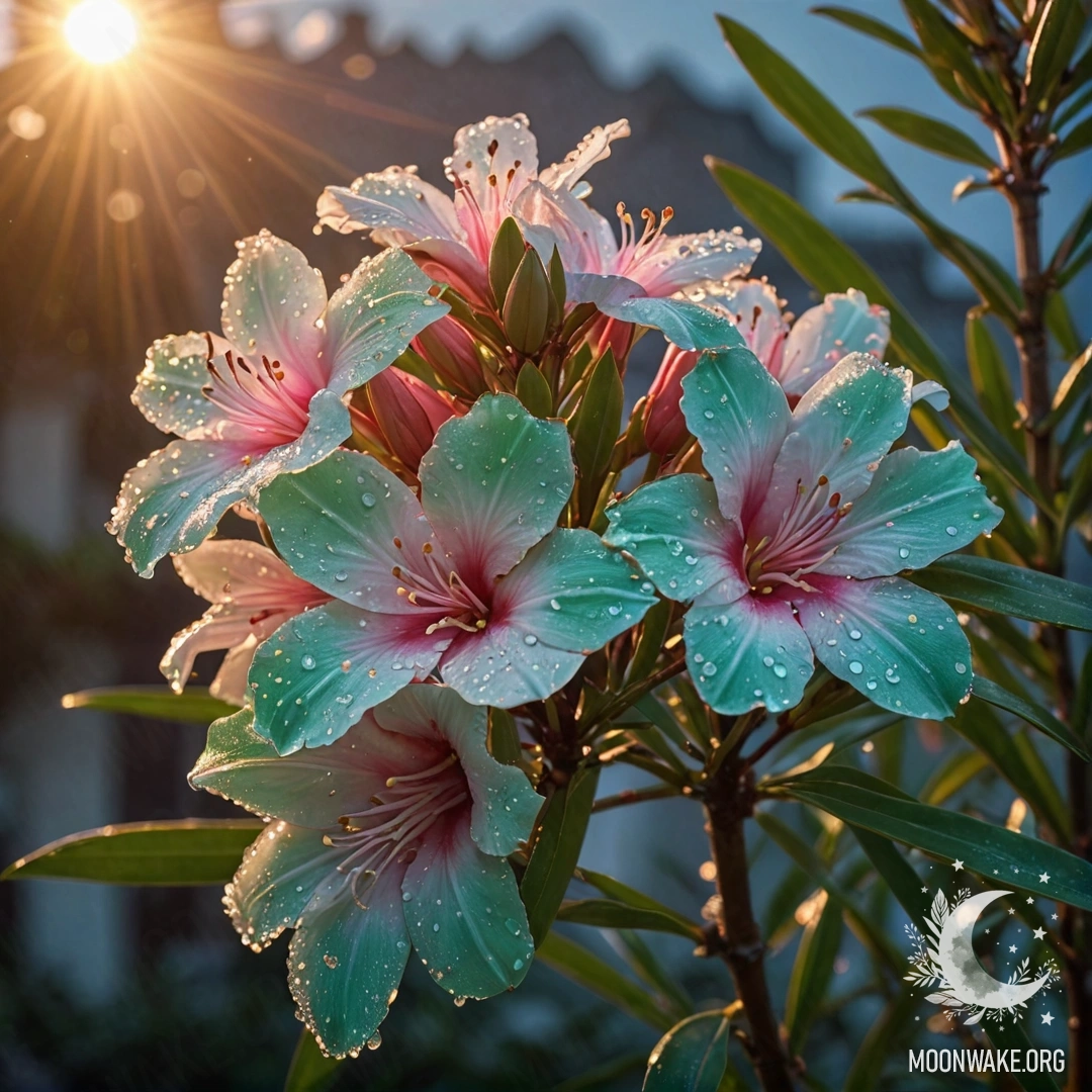 Dew-kissed Oleander at Sunset A beautiful oleander flower adorned with dew drops during sunset, featuring mint-colored sequins in a style reminiscent of Chinese art.