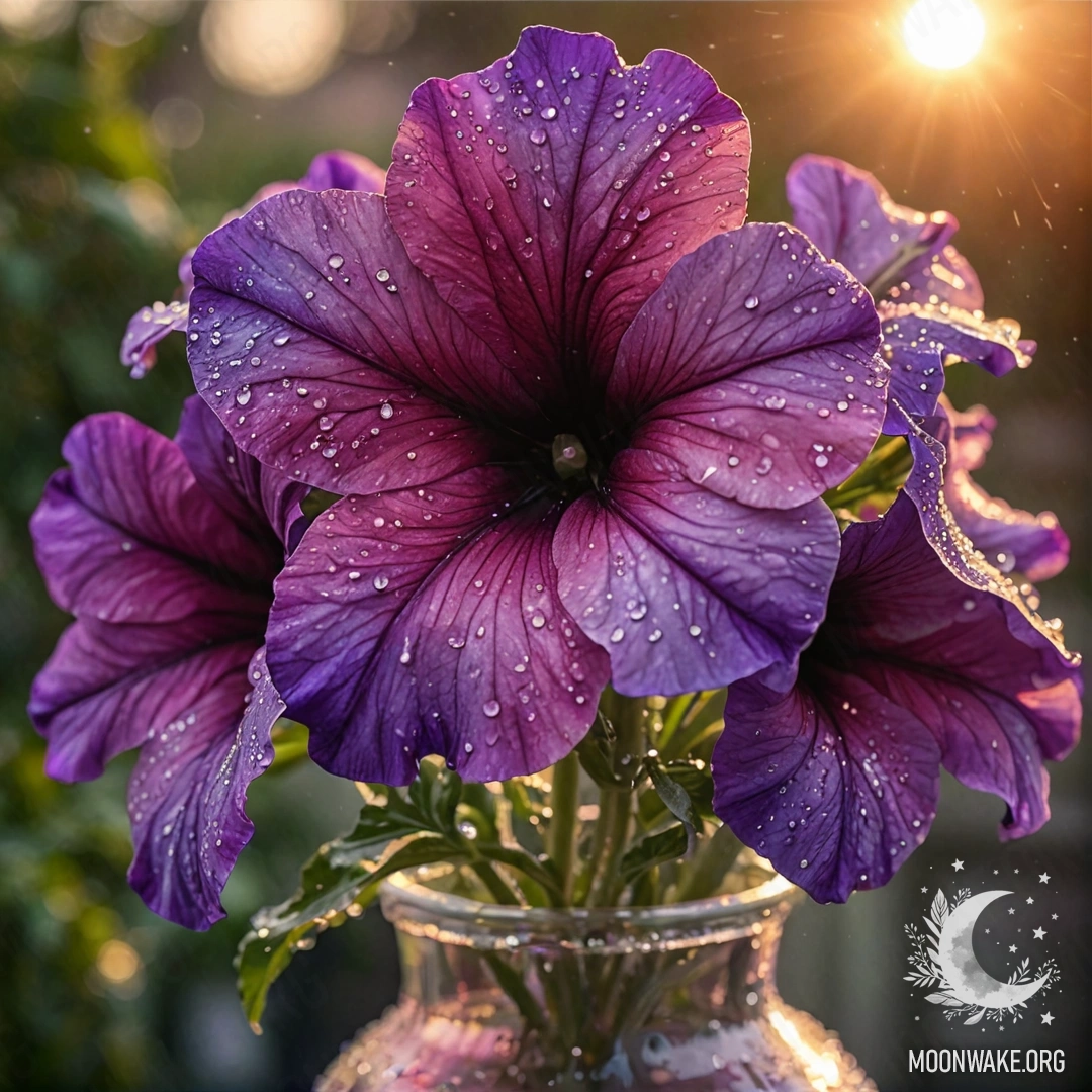 A watercolor painting of a beautiful petunia with dew drops in a purple vase at sunset.