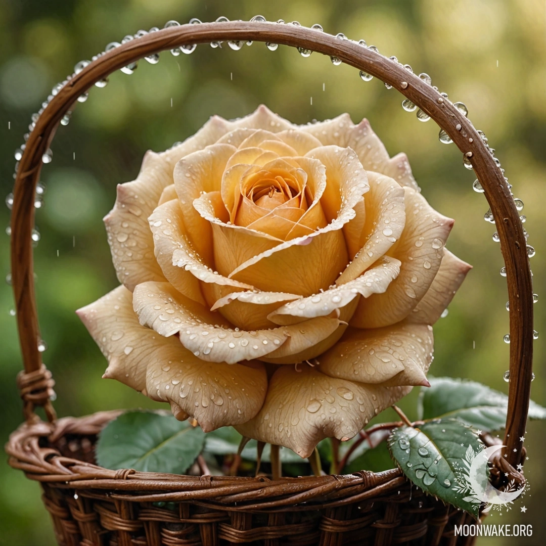 Dew-Kissed Rose in Golden Basket A peaceful rose adorned with dew drops, nestled in a golden basket.