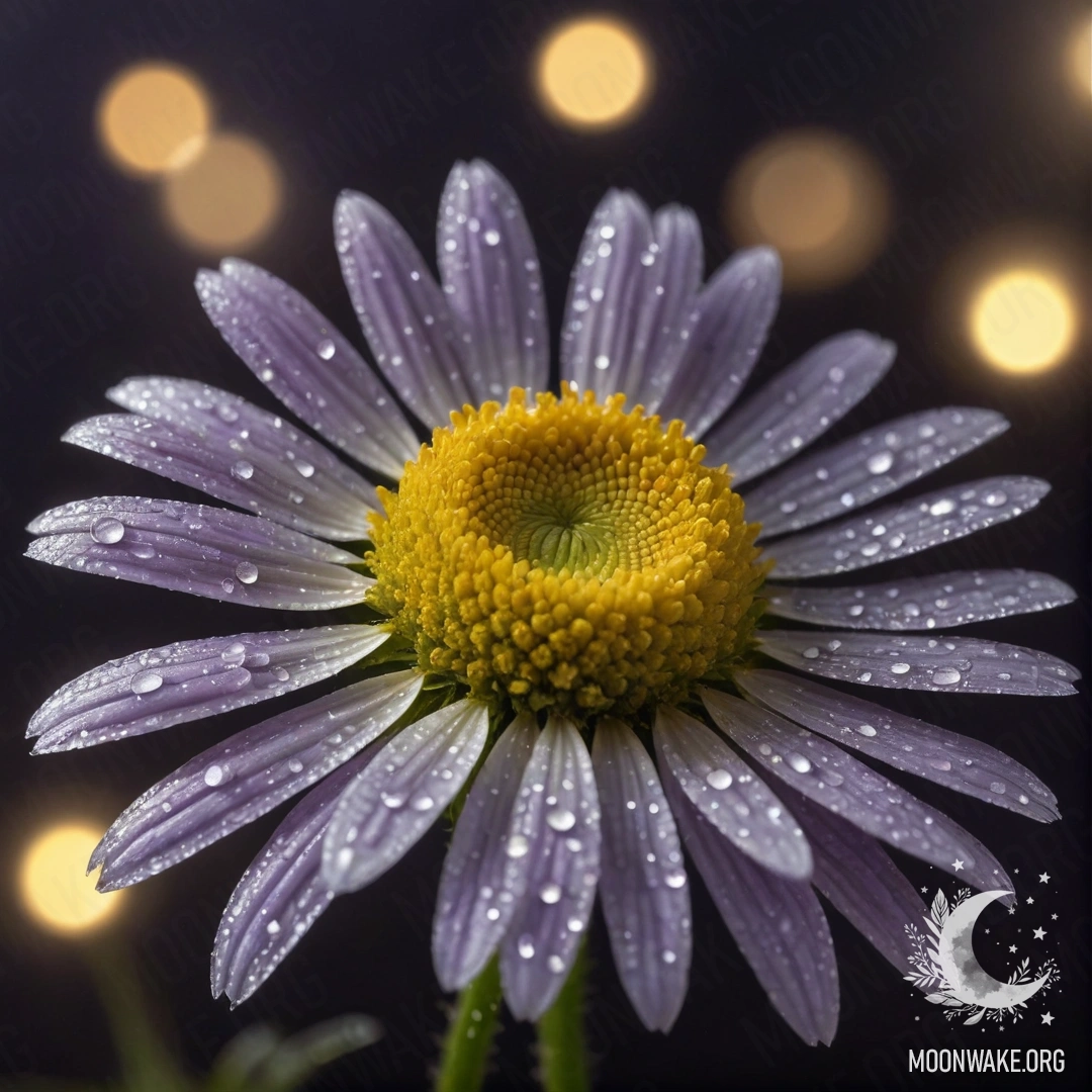 A serene night scene featuring chamomile flowers with dew drops glistening under a purple hue.
