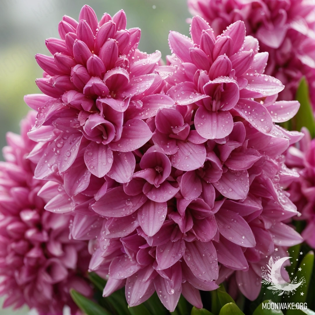 A bouquet of fuchsia hyacinths adorned with dewdrops.