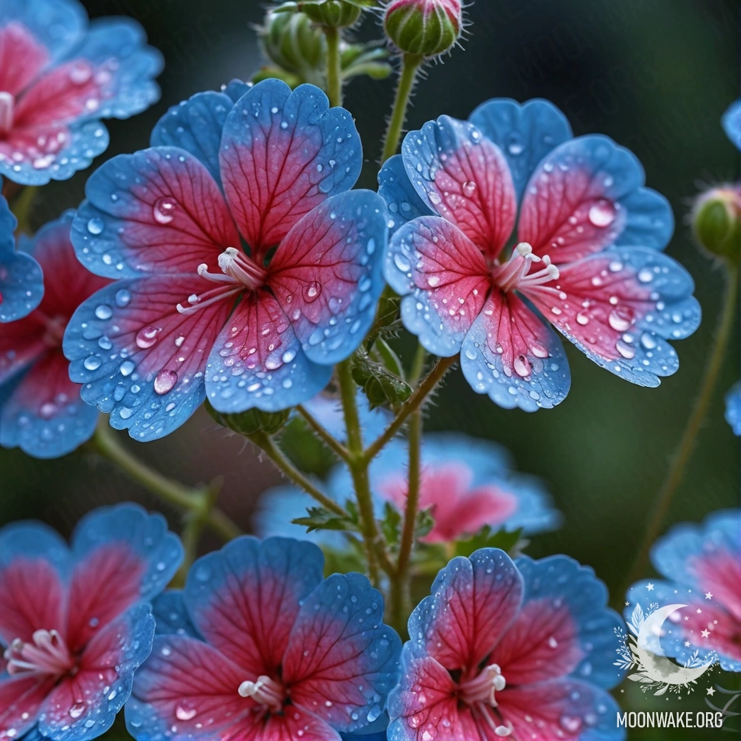 A close-up of a beautiful geranium adorned with dew drops, against a night sky.