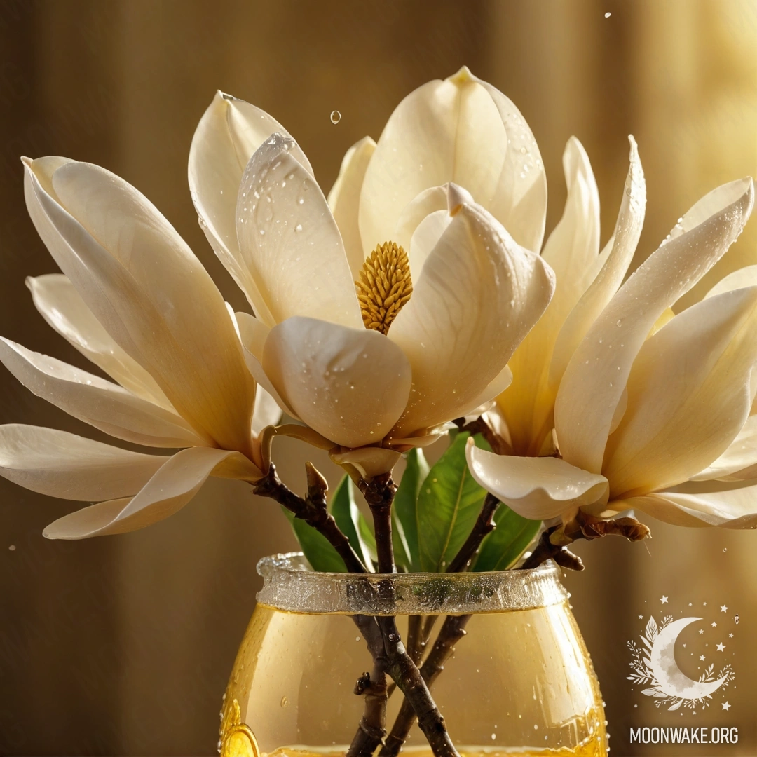 A serene magnolia flower adorned with dew drops in a golden vase, illuminated by soft sunny rays.